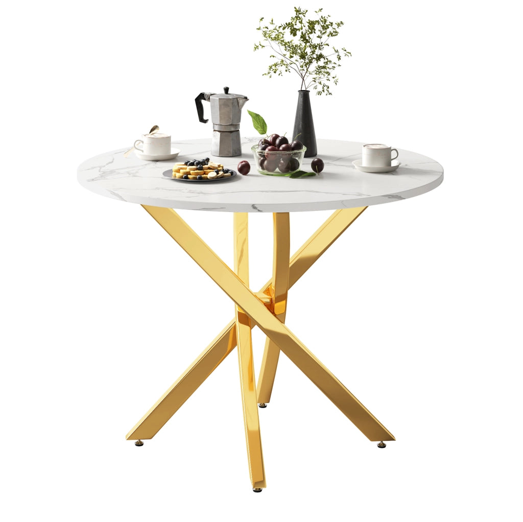 Tavolo rotondo 80 x 80 cm in MDF effetto marmo bianco e oro