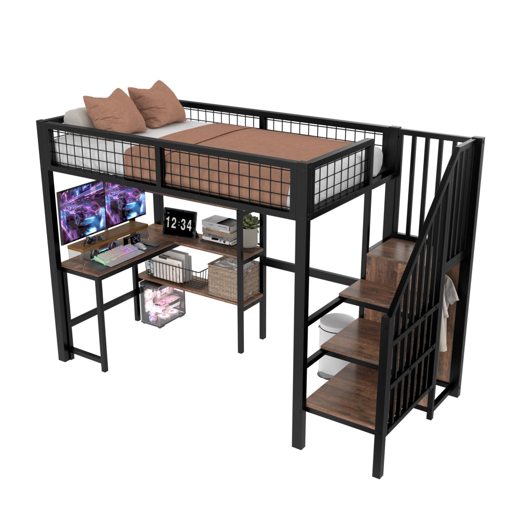 Letto a soppalco 90x200 cm con scrivania; scaffali e armadio in MDF e metallo nero e marrone