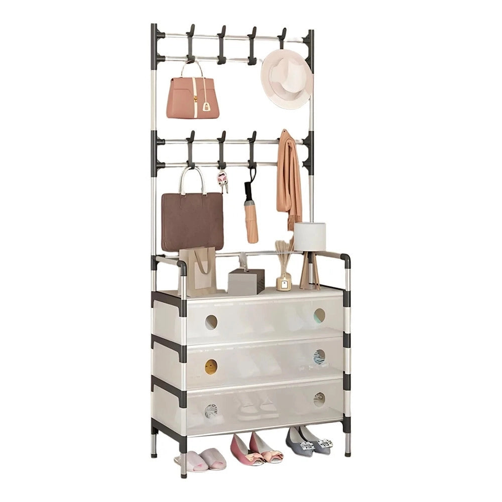 Trade Shop - Appendiabiti 8 Ganci Scarpiera 4 Ripiani Organizer Scarpe Armadio Multifunzione In Acciaio -