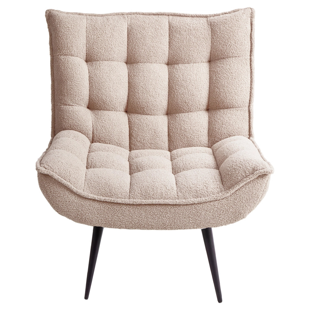 Poltrona beige in bouclé senza braccioli, sedia accentuante da relax, senza braccioli, gambe in ferro nero, per soggiorno o camera da letto, moderna.