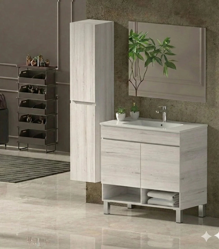 Mobile Bagno NEBARI com gambe Già Montato 2 portas, lavabo e specchio Bianco nordico 80x45 cm con colonna
