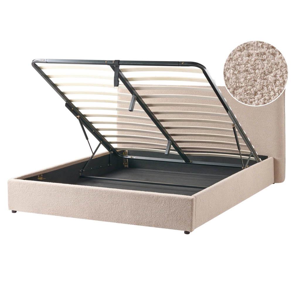 Letto matrimoniale con contenitore in tessuto bouclé tortora con testiera 160 x 200 cm Doghe in legno