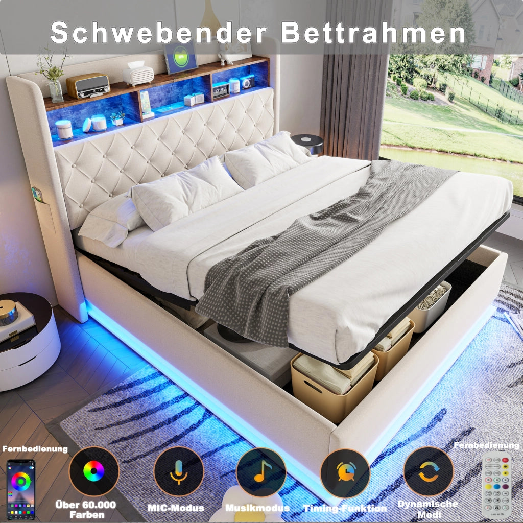 Letto Matrimoniale 180 x 200 cm; Contenitore; USB; LED Multicolore in Beige