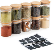 Set di contenitori aereostatici con coperchi in bambù, confezione da 10 vasetti per spezie, zucchero, caffè, tè, erbe, sale, pepe, miscugli, 16 etichette, pennello, diametro 6,5cm, altezza 8,5cm, 150ml