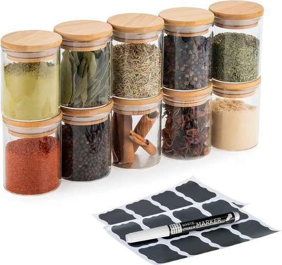 Set di contenitori aereostatici con coperchi in bambù, confezione da 10 vasetti per spezie, zucchero, caffè, tè, erbe, sale, pepe, miscugli, 16 etichette, pennello, diametro 6,5cm, altezza 8,5cm, 150ml