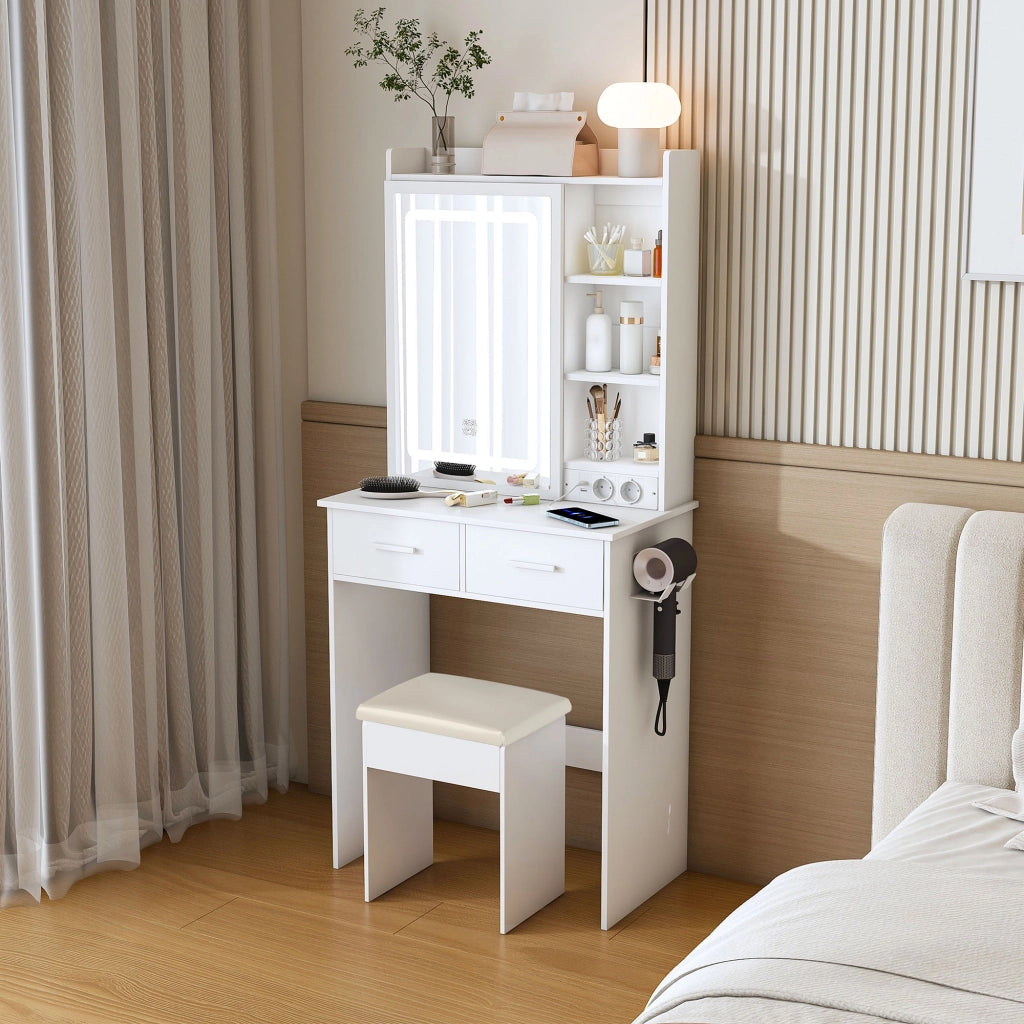 Tavolo da toeletta compatto Bianco con specchio LED regolabile; presa; sgabello imbottito; spazio nascosto; salvaspazio; B60×H136×P36cm