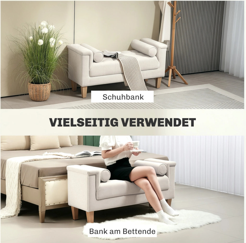 Panca imbottita beige in ciniglia con braccioli, 115 cm