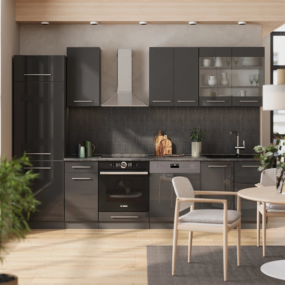 Cucina componibile Fame-Line Antracite lucido/Antracite 300 cm, PL Marmo Vicco