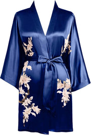Camici da camera per donne con stampa di fiori, kimono da bagno estivo, camicie da camera corte, pigiami leggeri, abiti da spiaggia in seta per donne (blu marino)