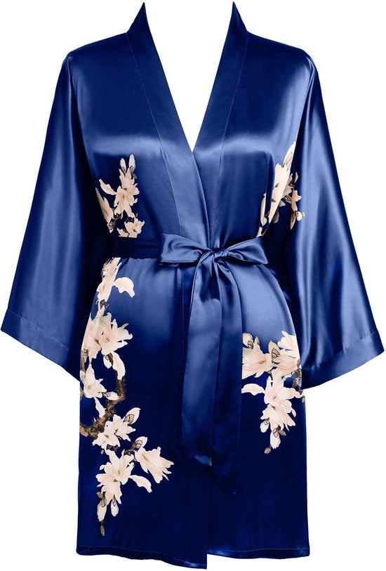 Camici da camera per donne con stampa di fiori, kimono da bagno estivo, camicie da camera corte, pigiami leggeri, abiti da spiaggia in seta per donne (blu marino)