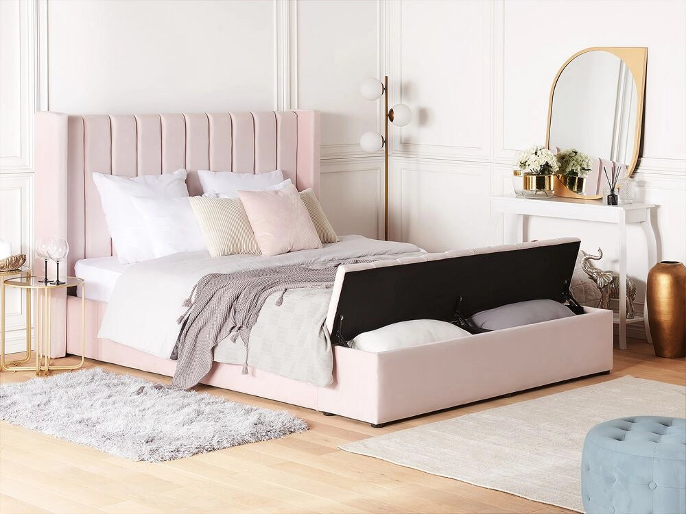 Letto velluto rosa pastello rete a doghe e cassapanca 180 x 200 cm