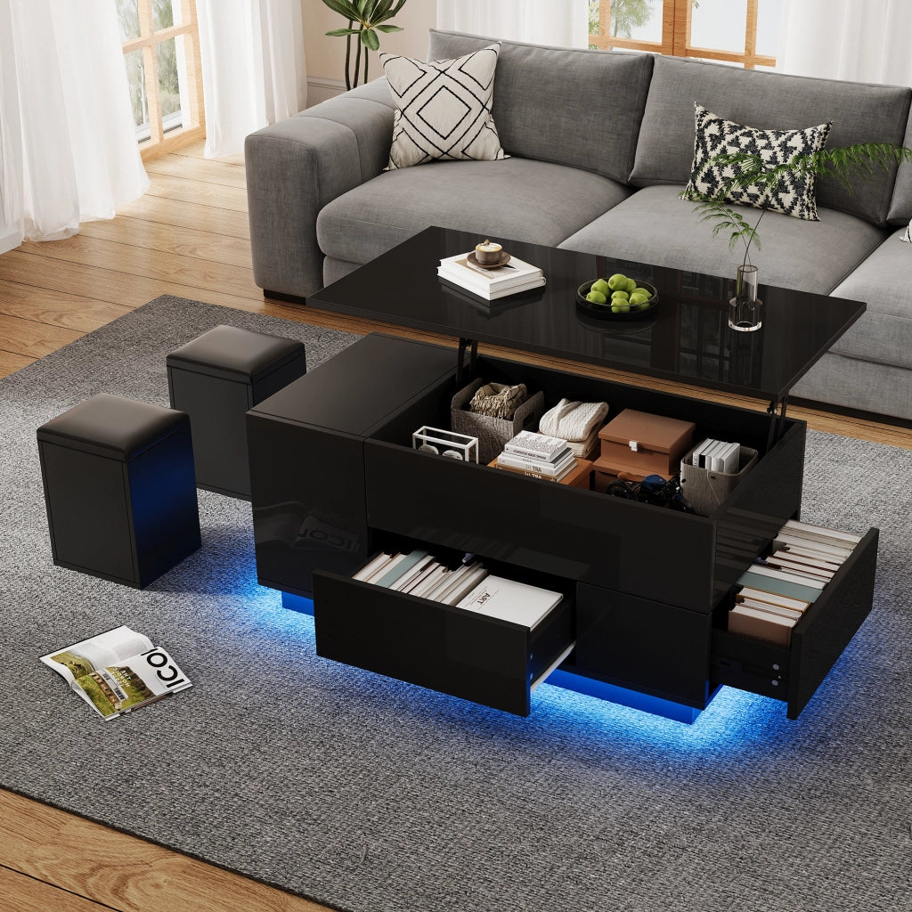 OKWISH Tavolino da Salotto Alzabile con 2 Cassetti, LED e 2 Sgabelli Contenitore, per Soggiorno, 100 x 50 x 45 cm