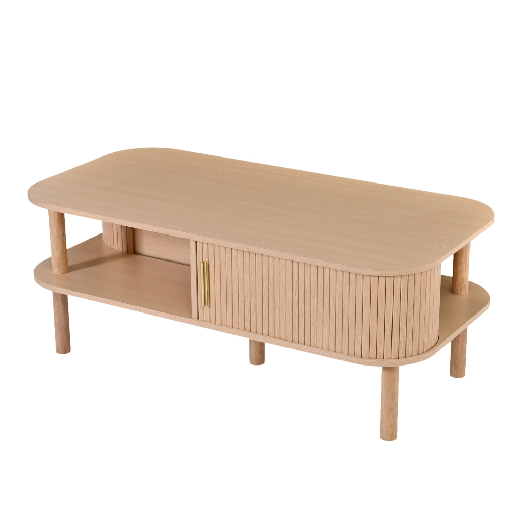 Tavolino da caffè 110×55×45 cm in MDF, design scandinavo con porta scorrevole, vani aperti e portata fino a 60 kg