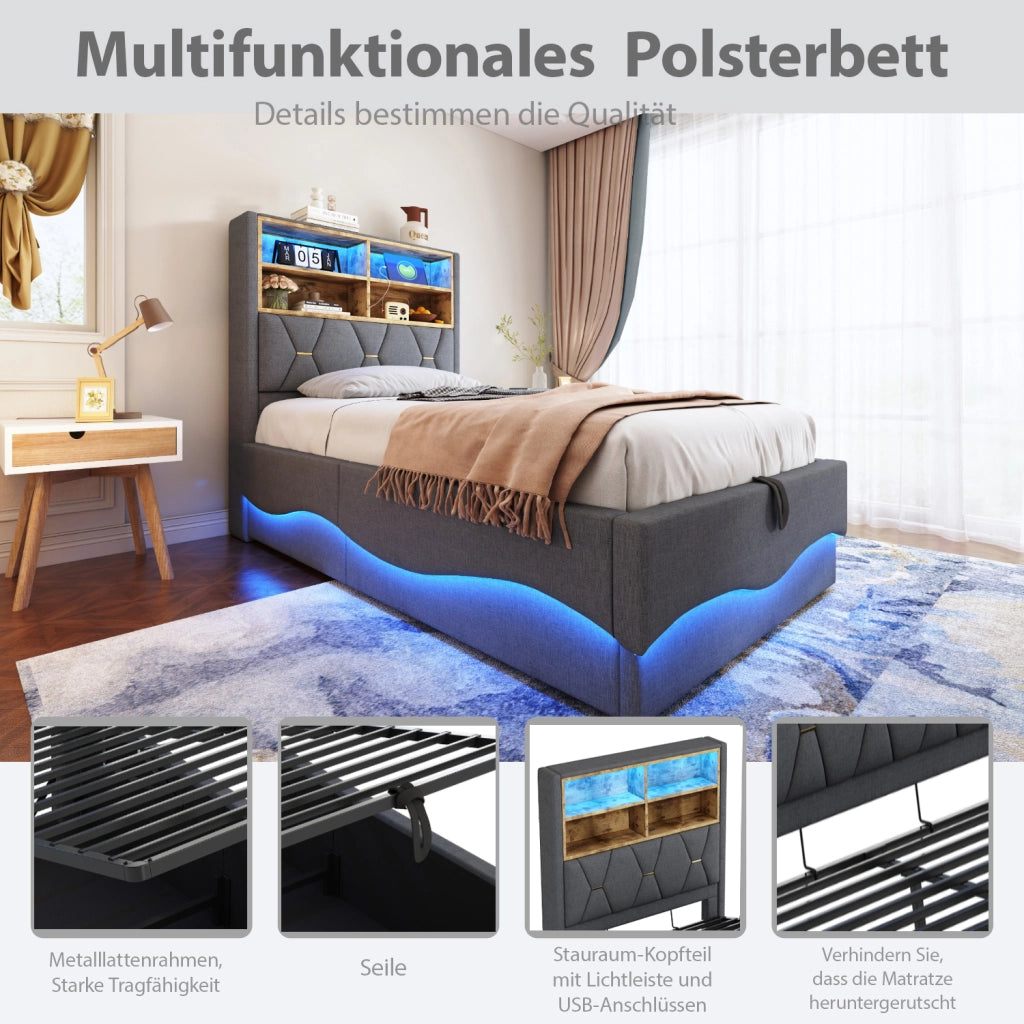 LETTO Multifunzione 90x200 cm Grigio in ferro con LED, USB e vano contenitore