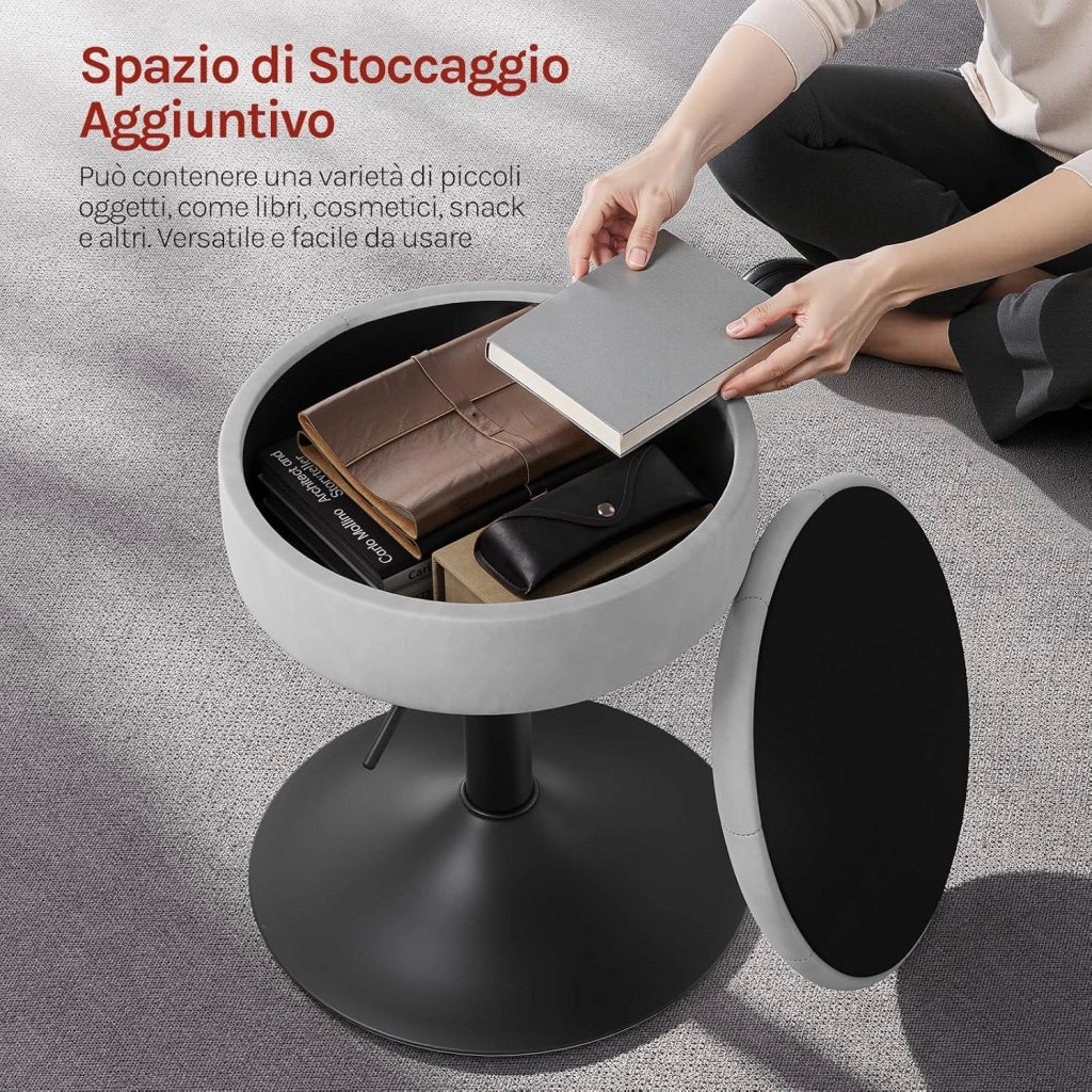 Sgabello da Trucco Girevole, Sgabello Altezza Regolabile, Sedia da Bar Rotondo con Contenitore, Sedile in Velluto, Base in Metallo, per Cucina, Soggiorno, Grigio Chiaro