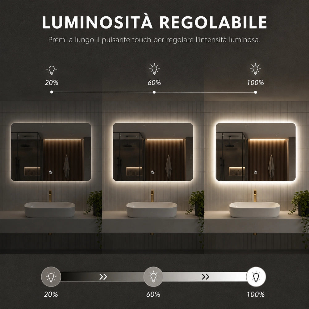 Specchio Rettangolare 70x50 cm con LED 3 Colori Dimmerabile Pulsante Touch