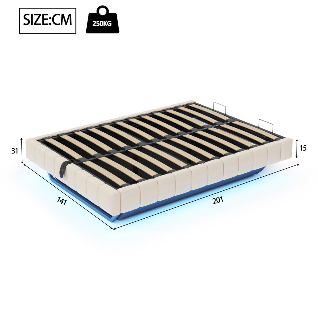 Letto matrimoniale imbottito flottante 140x200 cm con contenitore; LED; beige