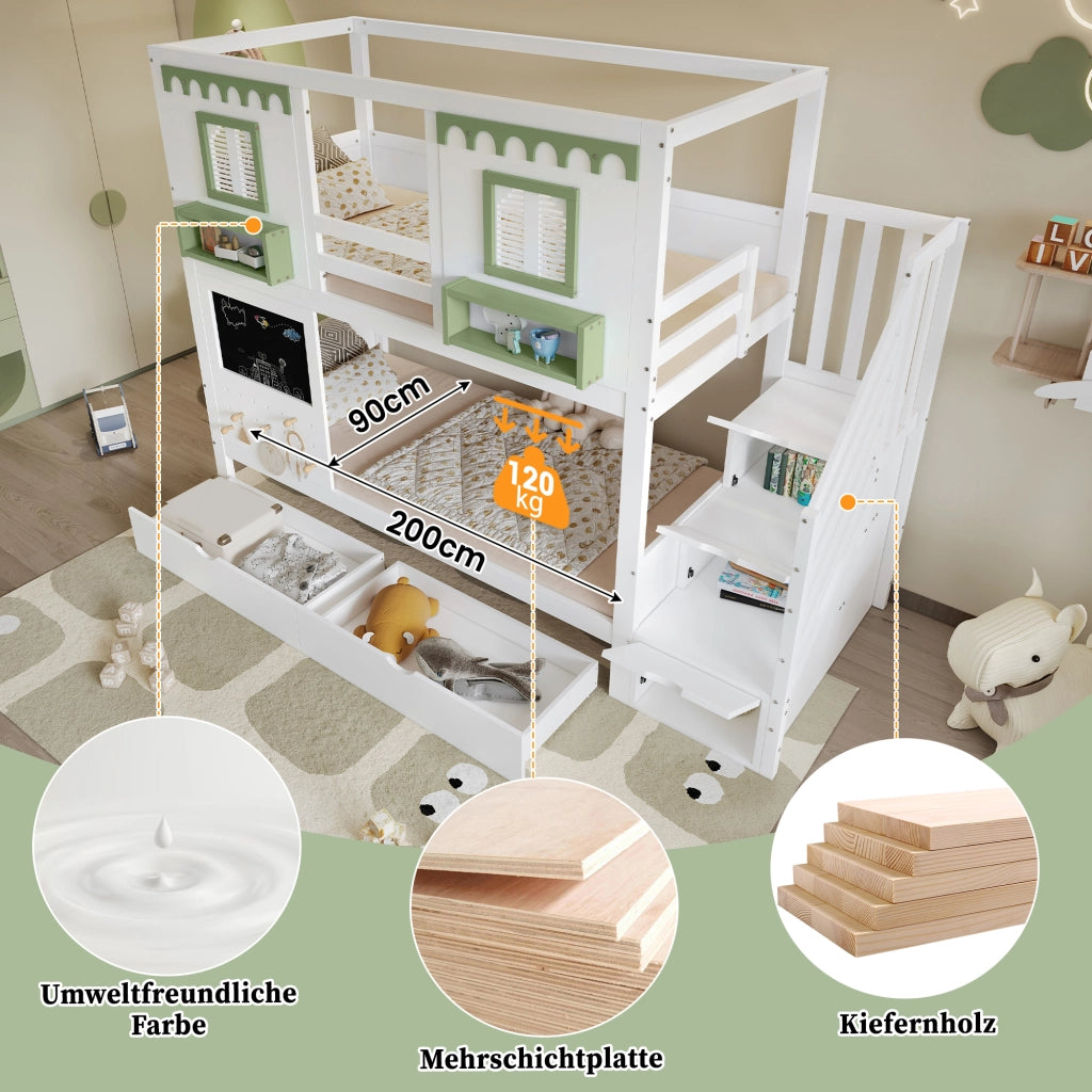 Letto a Castello 90x200 cm - Armadio a Gradini; 2 Cassetti e Ganci - Bianco e Verde