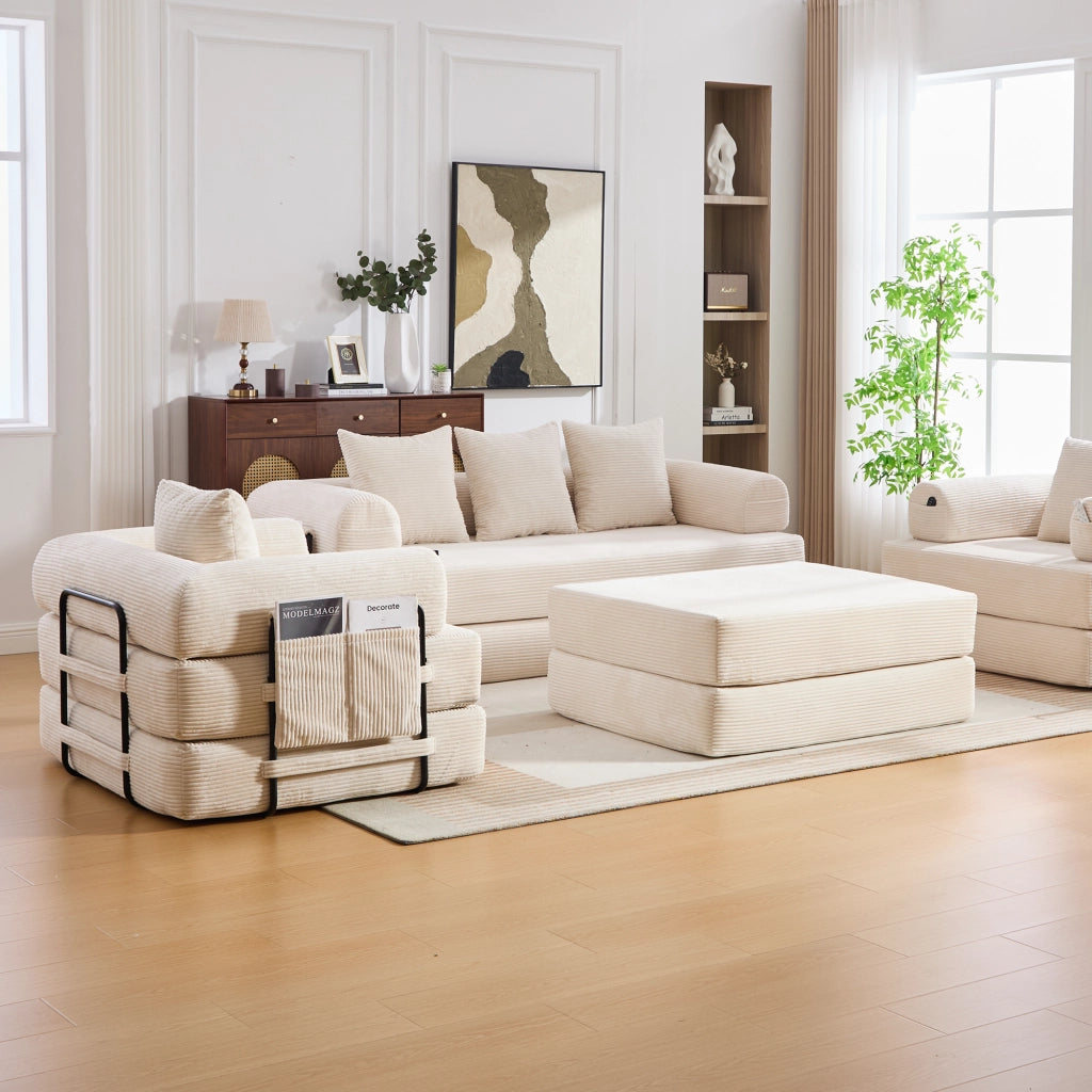 DIVANO modulare in velluto a coste beige con pouf
