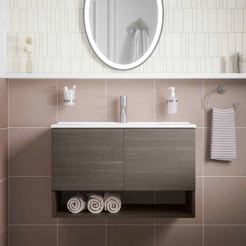 Mobile sospeso 80cm rovere scuro con due ante, vano a giorno e lavabo | Sauris