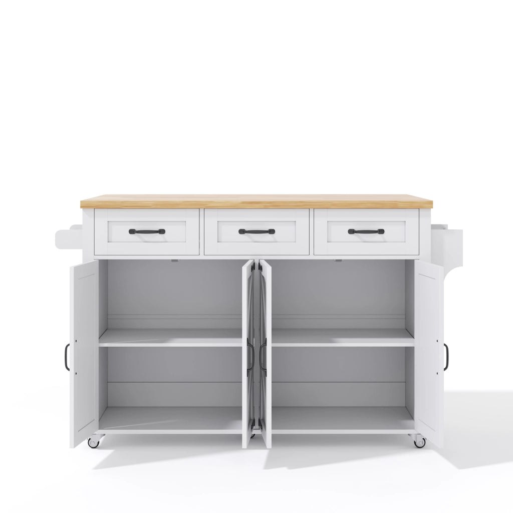 Isola da Cucina Mobile 140x43/70x90;5 cm Bianca con Piano Ribaltabile; 4 Ante; 3 Cassetti e 5 Ruote