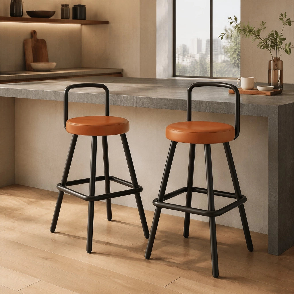 Sgabello da bar con schienale ergonomico, seduta imbottita in PU idrorepellente e gambe in ferro marrone