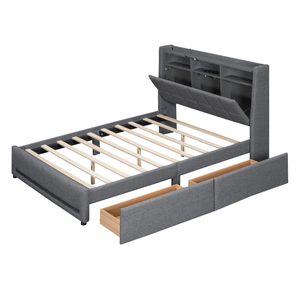 Letto imbottito 140x200 cm con LED APP; cassetti e USB in lino grigio