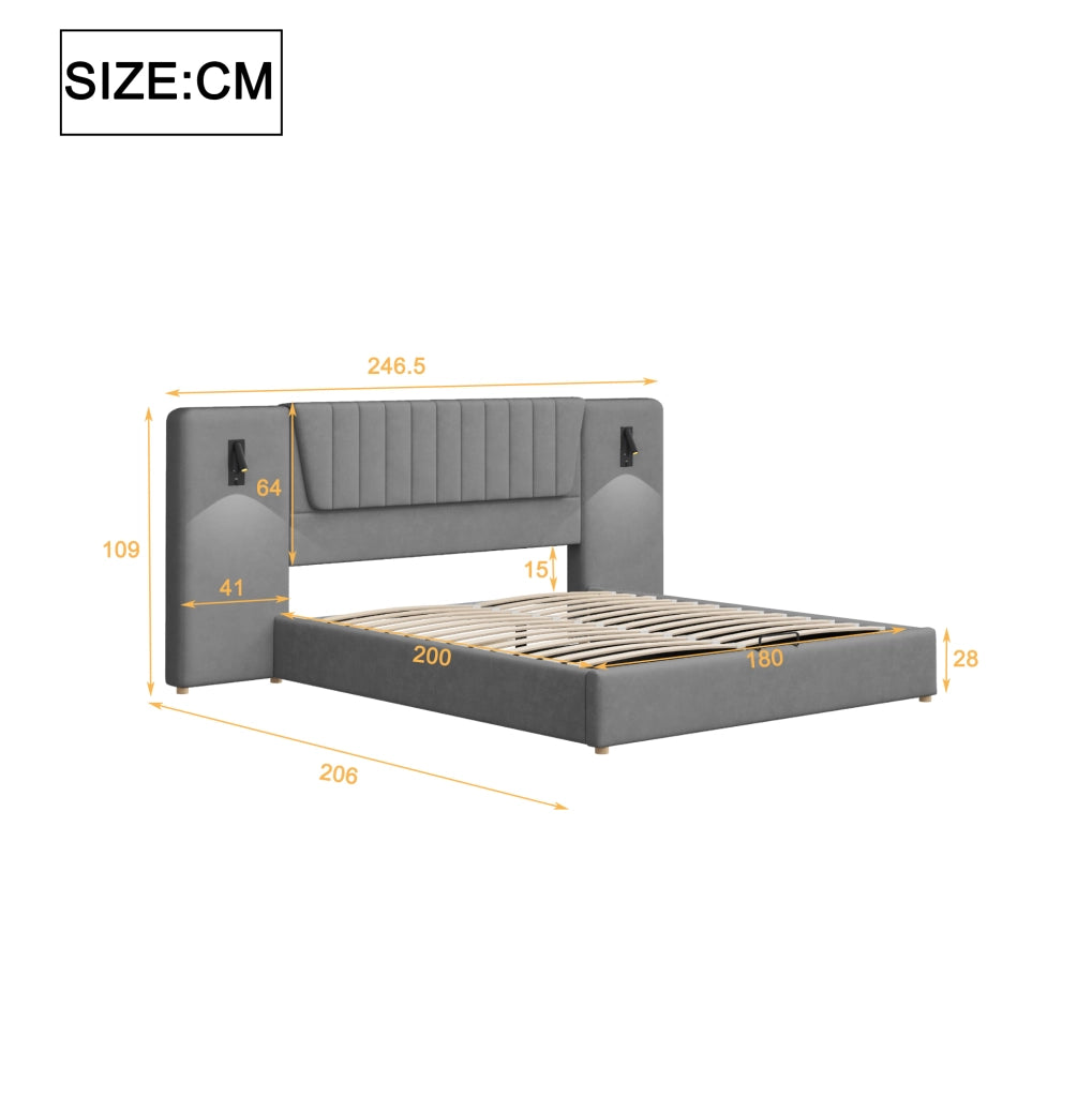 Letto imbottito 180x200 cm con testiera lunga; luci LED e USB; velluto grigio