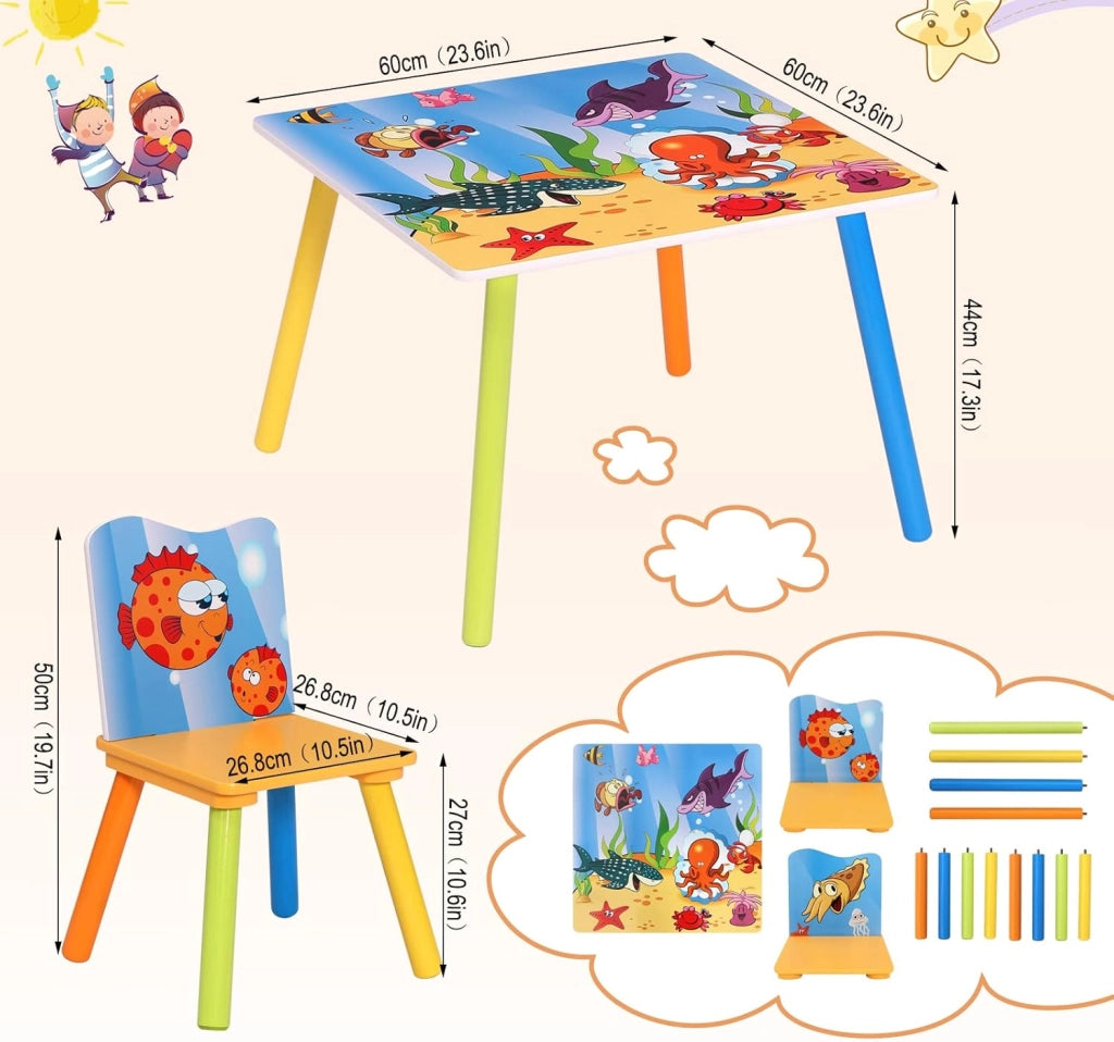 Set Mobili Tavolo e Sedie per Bambini Tavolino con 2 Sgabelli Soggiorno Design Oceano in Legno