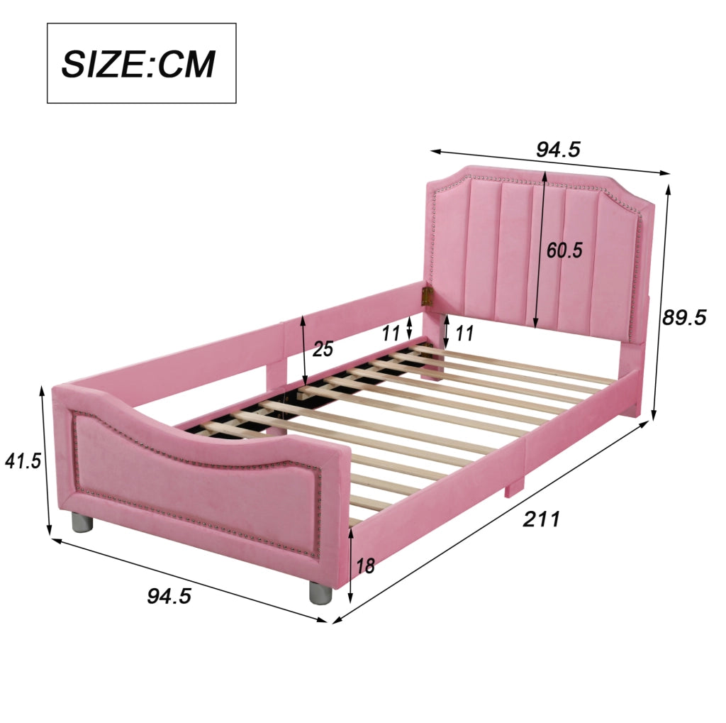 Letto imbottito per bambini 90x200 cm con testiera e pediera; flanella rosa