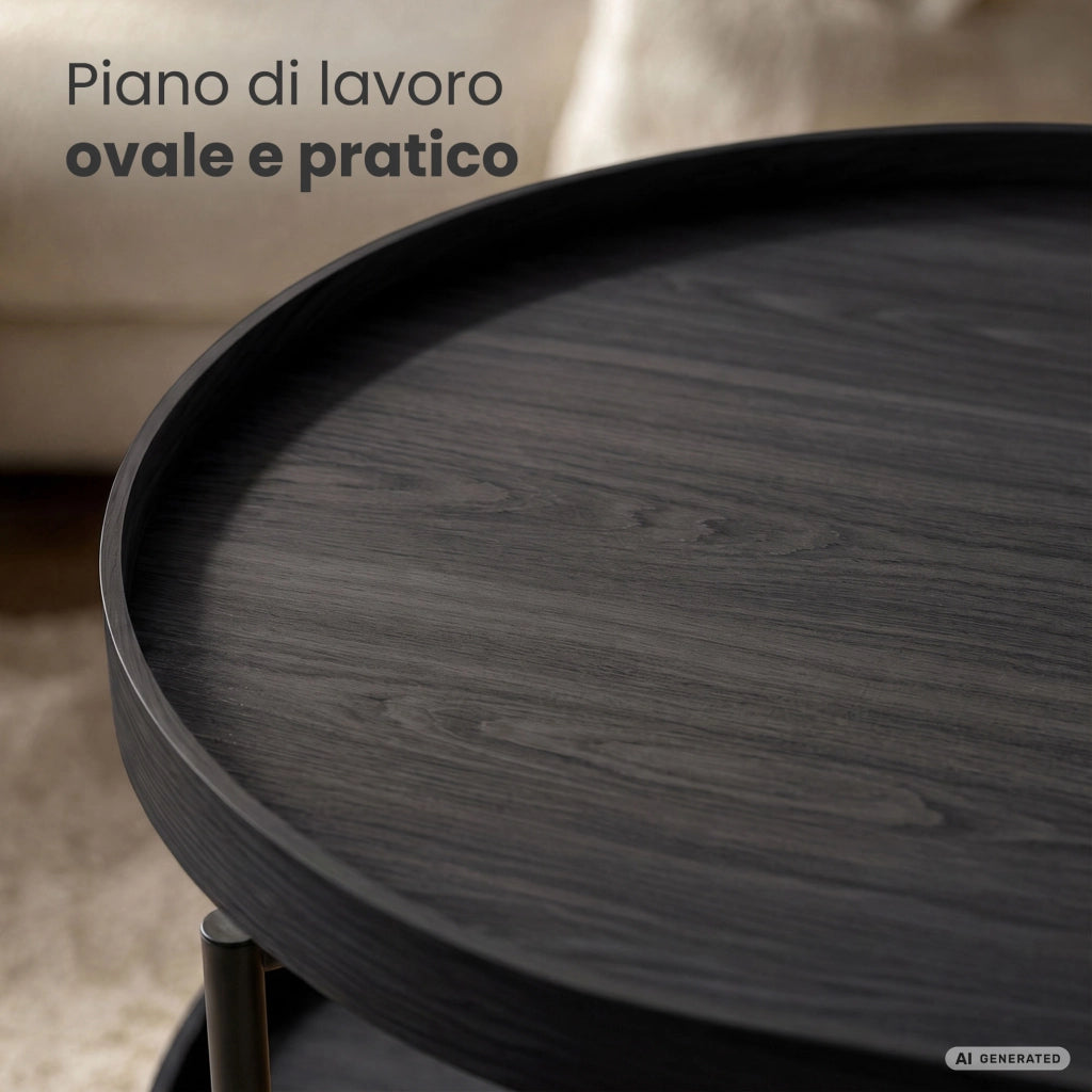 Tavolino da salotto stile loft CORTADO 90 cm ovale con ripiano nero gambe nere