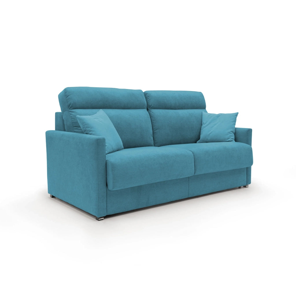 Margot Divano letto matrimoniale con schienale morbido alto in tessuto T02 156 cm (mat.120x197) azzurro
