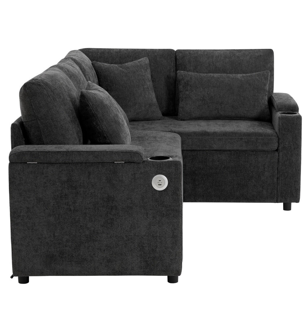 Divano letto angolare a destra con contenitore e USB 206;5x141x86 cm in ciniglia grigio scuro