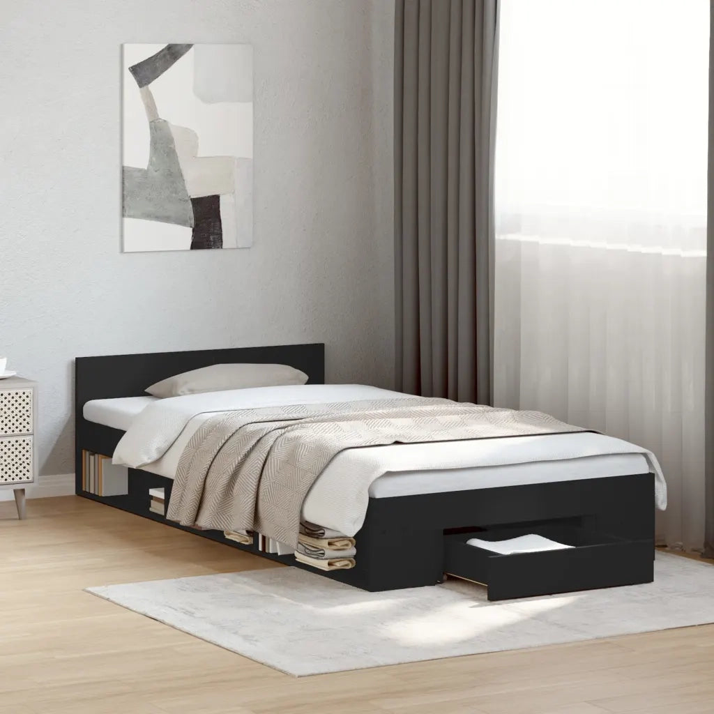 Letto singolo | Letto per adulti | Giroletto con Cassetto Nero 75x190 cm in Legno Multistrato