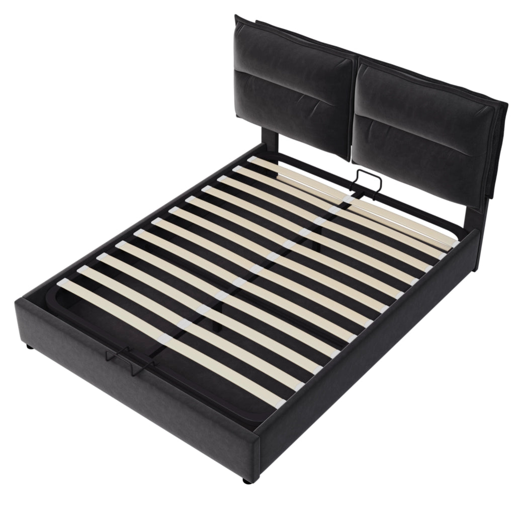Letto matrimoniale 140x200 cm con contenitore e testiera regolabile; velluto nero