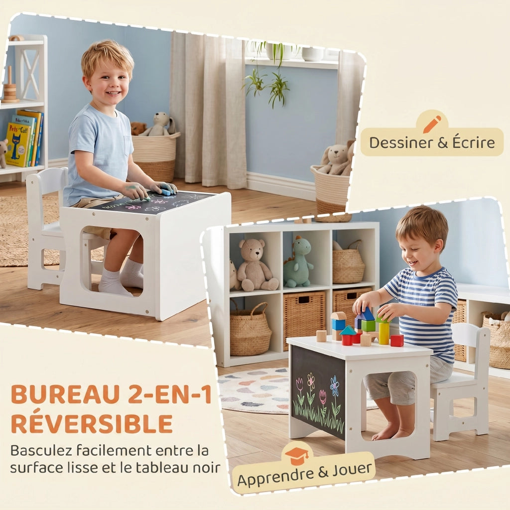 Scrivania e Sedia per Bambini con Piano Reversibile Lavagna Nera ¨C Xylo ¨C Bianco, 3-6 Anni