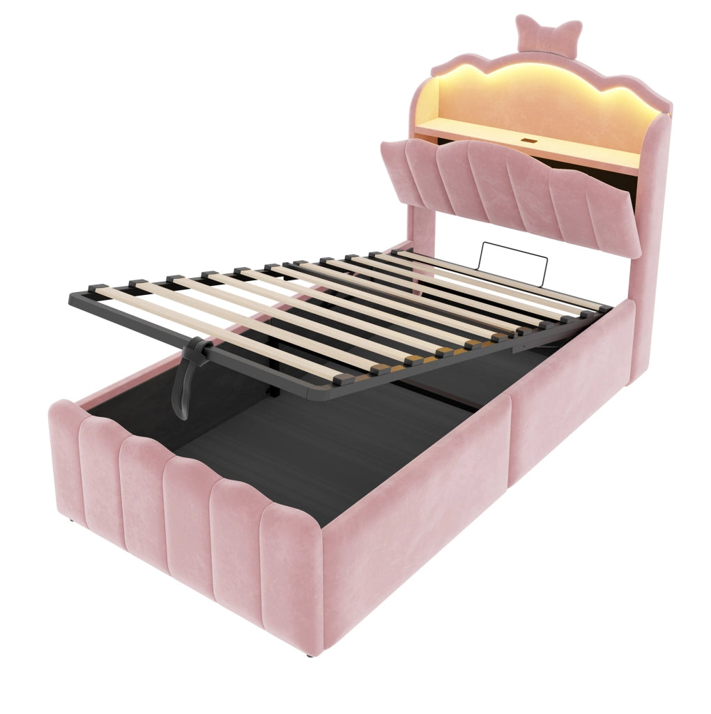 Letto per bambini imbottito 90x200 cm in velluto rosa con LED; USB; USB-C e contenitore