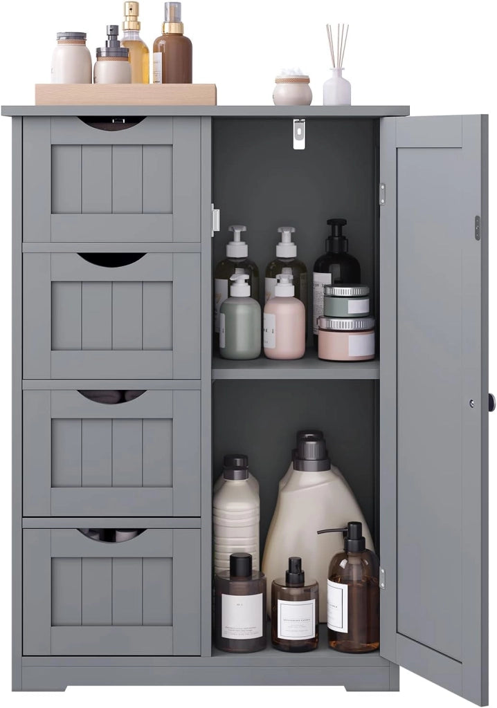 Cassettiera, Mobile da Bagno con 4 Cassetti e 2 Scomparti Regolabili, Mobile Portaoggetti per Bagno/Camera da Letto/Corridoioo/Cucina, Grigio, 56x30x81 cm