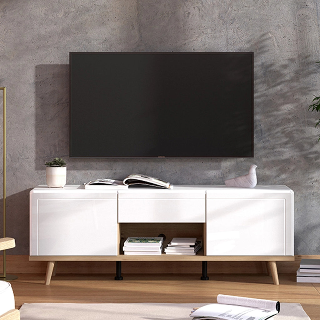 Stra, Mobile Porta tv un Cassetto, 154x40x55h cm Bianco