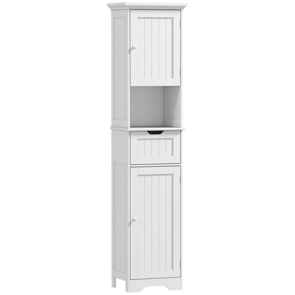 Mobile Colonna Bagno 40x30x170 cm con 2 Armadietti con Sensore Ripiano Aperto e Cassetto in Legno Bianco