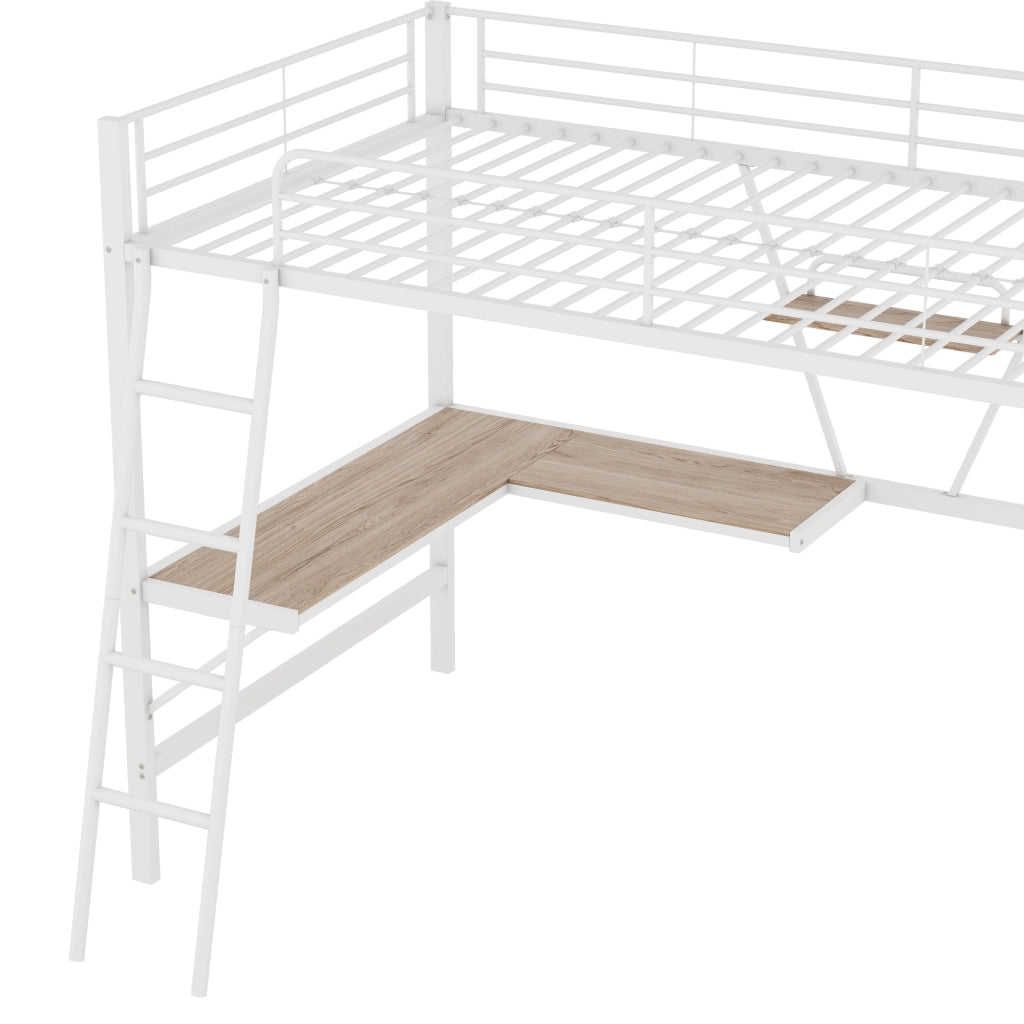 Letto a castello bianco in metallo con scrivania a l e scaffale 90x200 cm