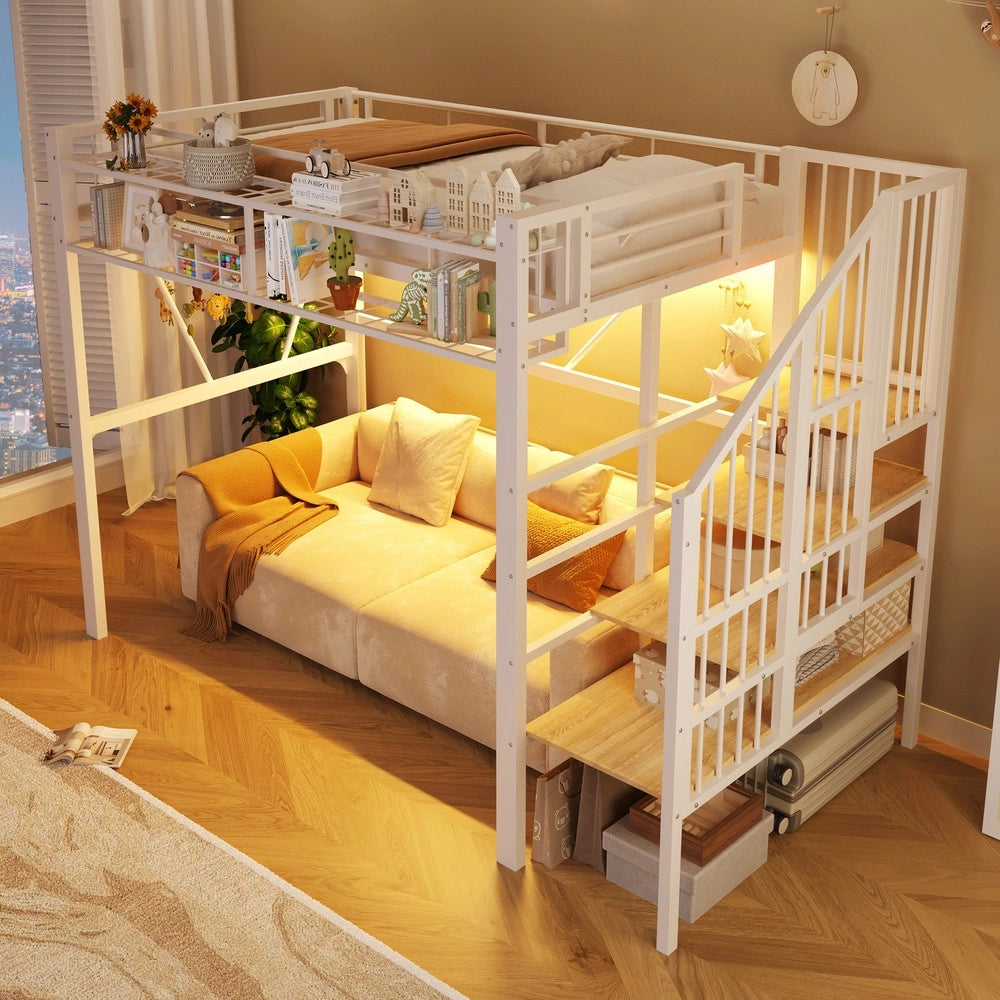 Letto a Soppalco con LED ¨C MINIMAL ¨C Bianco, Metallo, 90x200, con Rete, Contenitore
