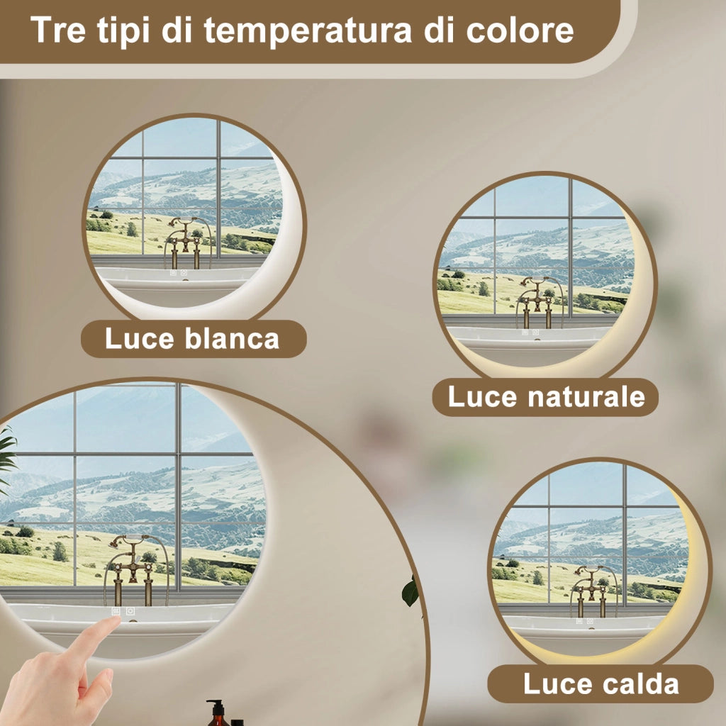 AICA Specchio Da Bagno Rotondo Da 70cm con LED, Antiappannamento, 3 Temperature Colore, Retroilluminato