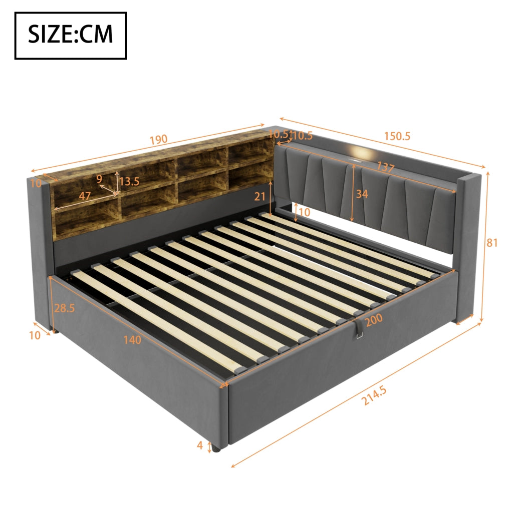 Letto imbottito multifunzionale 140x200 cm in velluto grigio con contenitore; luci e porte USB/Type-C