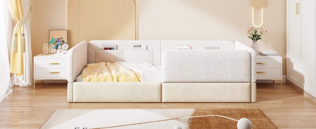 DESMIU Letto singolo 90 × 200 cm con 4 tasche portaoggetti, sponda, senza materasso, bianco