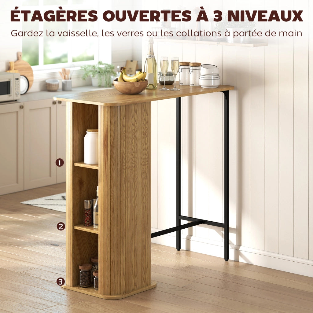 Tavolo Alto da Bar ¨C Xylo ¨C con 3 Ripiani Salvaspazio, Gambe in Metallo, Legno Naturale 112x50x106cm