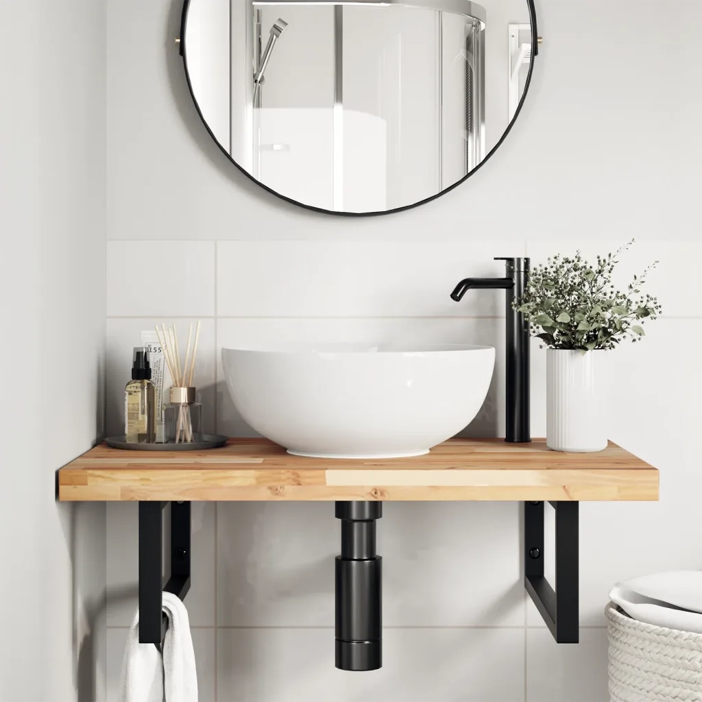 Ripiano a Parete per Lavabo-Mensole a Muro in Acciaio e Massello di Acacia 854972