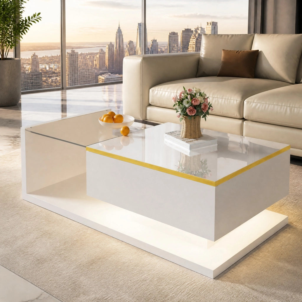Tavolino da caffè moderno 100x50 cm in pannello truciolare bianco lucido con vetro e LED