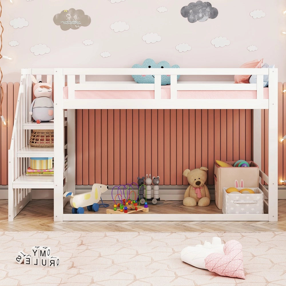 Letto a Castello Basso per Bambini con Scala ¨C MINIMAL ¨C Massello Bianco, Doghe, 90x200