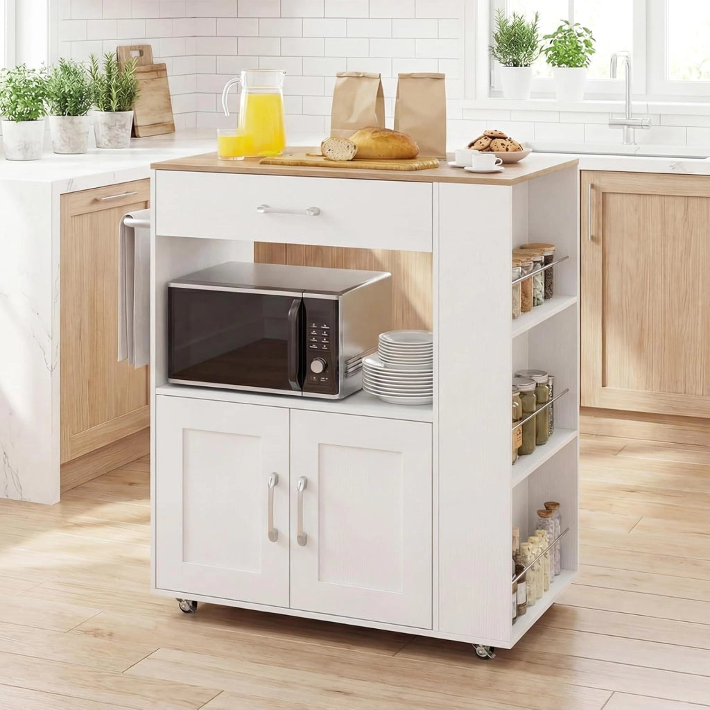 Carrello da Cucina con Ruote, Isola da Cucina con 3 Portaspezie 1 Cassetto Armadietto a 2 Porte, Carrello Portaoggetti con Portasciugamani, 82x46x92 cm (Bianco)